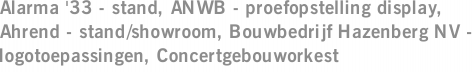 Alarma '33 - stand, ANWB - proefopstelling display, Ahrend - stand/showroom, Bouwbedrijf Hazenberg NV - logotoepassingen, Concertgebouworkest