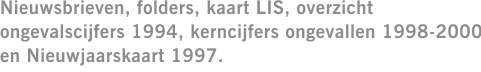 Nieuwsbrieven, folders, kaart LIS, overzicht ongevalscijfers 1994, kerncijfers ongevallen 1998-2000 en Nieuwjaarskaart 1997.