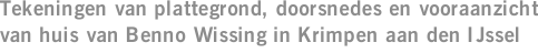 Tekeningen van plattegrond, doorsnedes en vooraanzicht van huis van Benno Wissing in Krimpen aan den IJssel