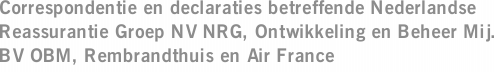 Correspondentie en declaraties betreffende Nederlandse Reassurantie Groep NV NRG, Ontwikkeling en Beheer Mij. BV OBM, Rembrandthuis en Air France